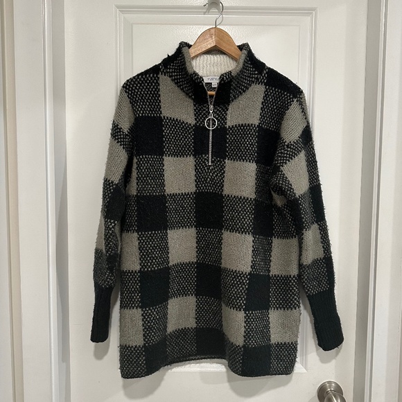 My Style | Women’s Large Black  Cream Gray Plaid Sweater Cozy Fall Quarter Zip - Picture 1 of 9